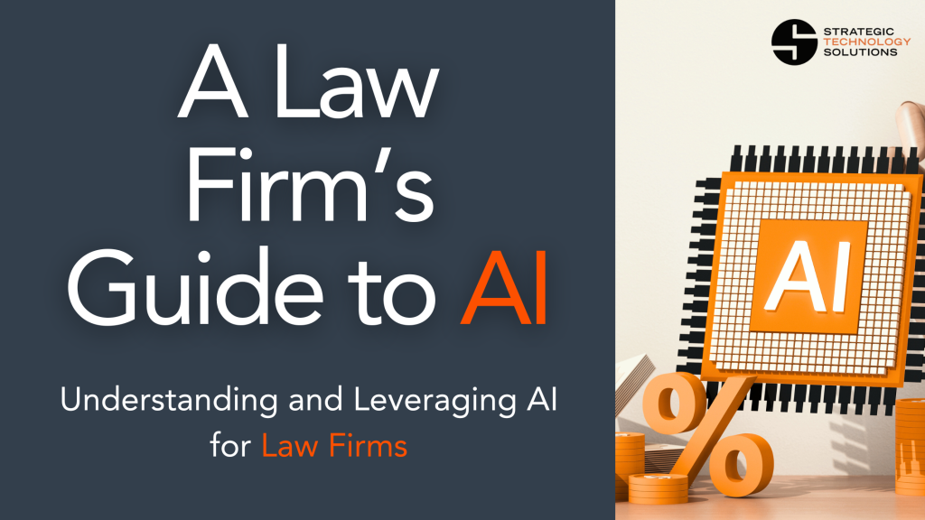 Image of an abstract orange item with "AI" on it beside an orange percentage sign with the text "A Law Firm's Guide to AI: Understanding and Leveraging AI for Law Firms"